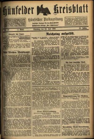 Erste Ausgabe vom Dienstag, den 22. Juli 1930.