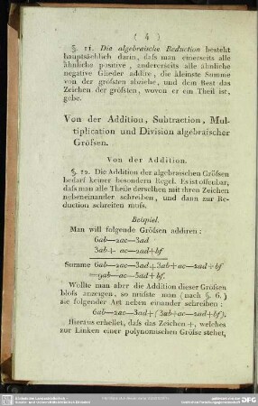 Von der Addition, Substraction, Multipilcation und Division algebraischer Grössen