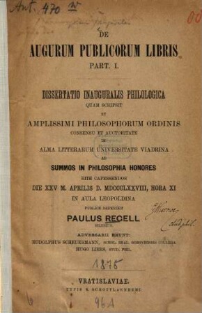 De augurum publicorum libris : part. I ; dissertatio inauguralis philologica