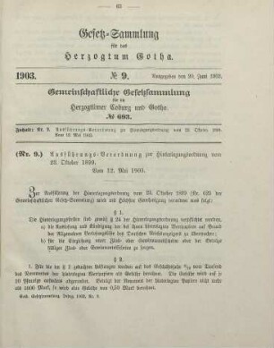 9. Ausführungs-Verordnung zur Hinterlegungsordnung vom 23. Oktober 1899. Vom 12. Mai 1903