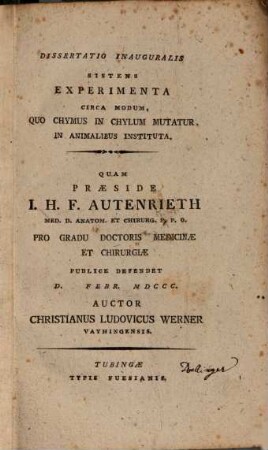 Diss. inaug. sistens experimenta circa modum, quo chymus in chylum mutatur, in animalibus instituta