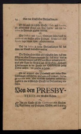 Von den Presbyteriis oder Kirchen Rähten.
