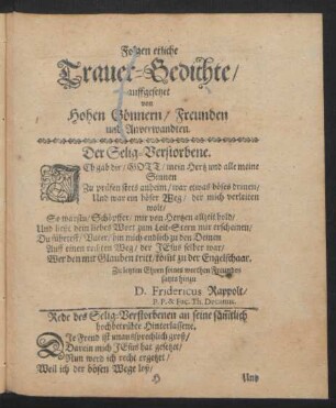 Folgen etliche Trauer-Gedichte/ auffgesetzet von Hohen Gönnern/ Freunden und Anverwandten.