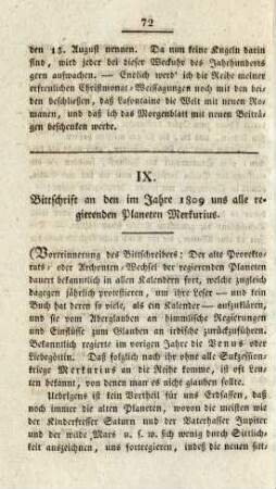 IX. Bittschrift an den im Jahre 1809 uns alle regierenden Planeten Merkurius