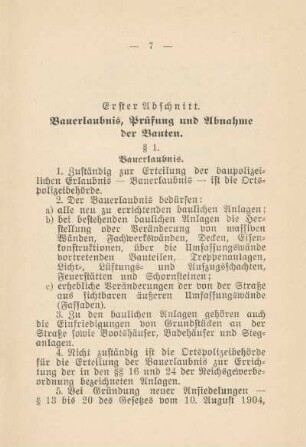 Erster Abschnitt. Bauerlaubnis, Prüfung und Abnahme der Bauten. § 1 - § 6a