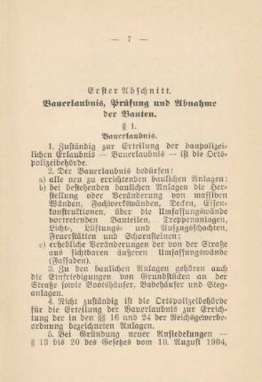 Erster Abschnitt. Bauerlaubnis, Prüfung und Abnahme der Bauten. § 1 - § 6a