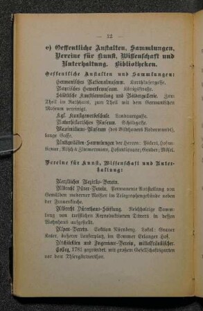 e) Oeffentliche Anstalten, Sammlungen, Vereine für Kunst, Wissenschaft und Unterhaltung, Bibliotheken.