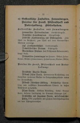 e) Oeffentliche Anstalten, Sammlungen, Vereine für Kunst, Wissenschaft und Unterhaltung, Bibliotheken.