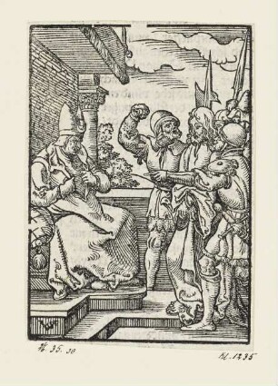 Christus vor Kaiphas, aus: Georg Rhau, "Hortulus Animae", Nürnberg 1552, Teil 2, S. E1 verso