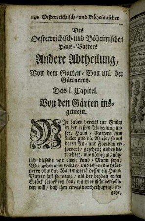 Des Oesterreichisch- und Böheimischen Haus-Vatters Andere Abtheilung, Von dem Garten-Bau und der Gärtnerey