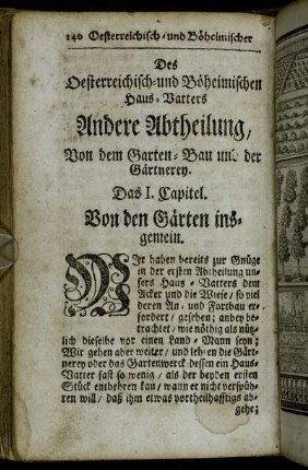 Des Oesterreichisch- und Böheimischen Haus-Vatters Andere Abtheilung, Von dem Garten-Bau und der Gärtnerey