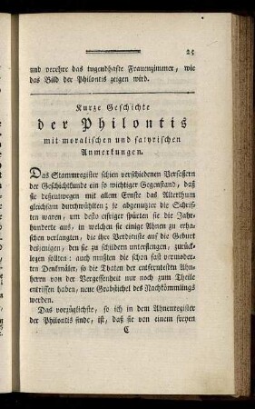 Kurze Geschichte der Philontis mit moralischen und satyrischen Anmerkungen.