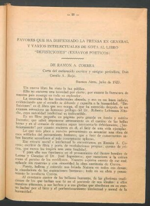 De Ramón A. Correa : Carta del esclarecido escritor y antiguo periodista, Don Camilo A. Rojo.