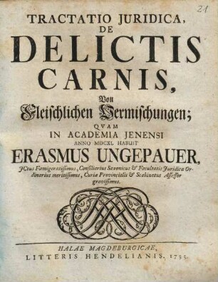 Tractatio Juridica, De Delictis Carnis : = Von Fleischlichen Vermischungen