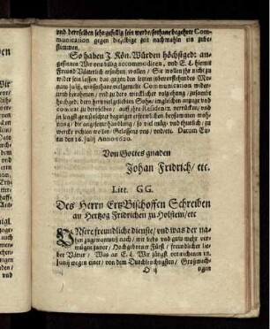 Litt. GG. Des Herrn ErtzBischoffen Schreiben an Hertzog Fridrichen zu Holstein/ etc