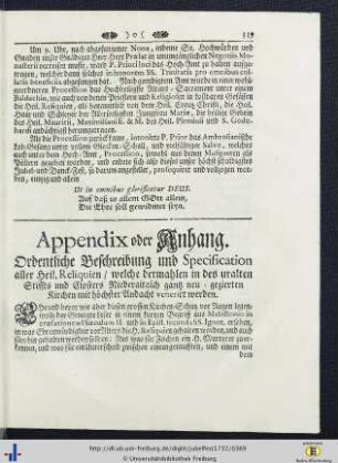 Appendix. Ordentliche Beschreibung und Specification aller Heil. Reliquien ...