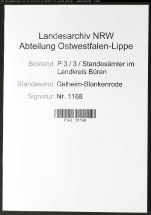 Sterberegister Standesamt Dalheim-Blankenrode