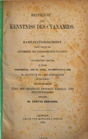 Beiträge zur Kenntniss des Cyanamids : Habil. Schrift.