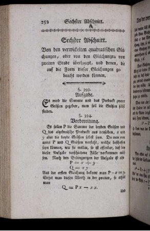 Sechster Abschnitt. Von den verwickelten quadratischen Gleichungen, oder von den Gleichungen vom zweiten Grade überhaupt, und denen, die auf die Form dieser Gleichungen gebraucht werden können.