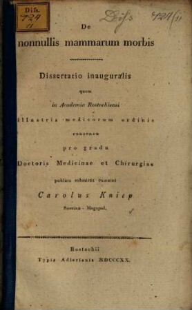 Caroli Kniep De nonnullis mammarum morbis : Diss. inaug.