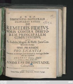 Dissertatio Inavgvralis Continens Theses De Remediis Fidejvssoris Contra Debitorem Principalem Competentibvs
