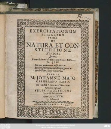 Exercitationum Ethicarum Prima De Natura Et Constitutione Ethices