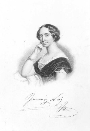 Bildnis der Sängerin Jenny Bürde-Ney : Weger, August: Bildnis der Sängerin Jenny Bürde-Ney. Kupferstich; 225 x 165 mm. Dresden: Kupferstich-Kabinett A 144630 in B 1482, 4 II. Singer 10800