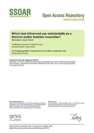 Which text influenced you substantially as a feminist and/or feminist researcher?