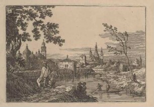 Italienische Idealveduten, II: Der Kanal an den Stadtbefestigungen in Padua mit der Porta Pontecorvo, der Kirche S. Giustina und einer anderen, S. Antonio ähnlich