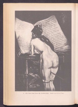 Die Hexe beim Lesen des Zauberbuches.