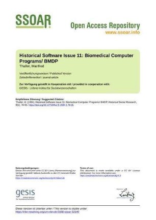 Historical Software Issue 11: Biomedical Computer Programs/ BMDP
