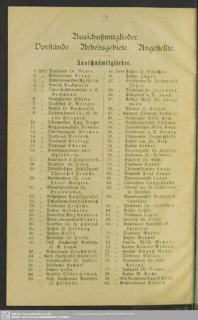 Ausschußmitglieder. Vorstände. Arbeitsgebiete. Angestellte