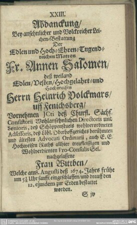 XXIII. Abdanckung, ... Fr. Annen Salomen, deß ... Herrn Heinrich Volckmars, uff Fenichsberg ... Wittben