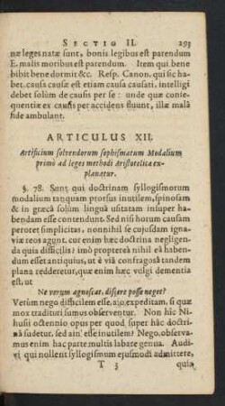 Articulus XII. Artificium solvendorum sophismatum Modalium primo ad leges methodi Aristotelicae explanatur.
