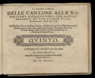 Teodoro Riccio: Il primo libro delle canzone alla napolitana a cinque voci ... Quinto