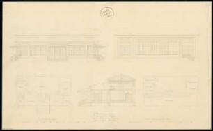 Schützenhaus Monatskonkurrenz Mai 1832: Grundriss Erdgeschoss, Obergeschoss, Aufriss Vorderansicht, Rückansicht, Querschnitt; 2 Maßstabsleisten
