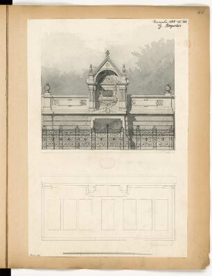 Erbbegräbnis Frenkel auf dem jüdischen Friedhof, Berlin-Weißensee Monatskonkurrenz September 1882. (1. Wettbewerb): Grundriss, Aufriss Vorderansicht; Maßstabsleiste