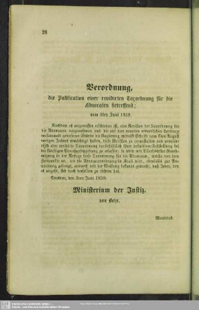 Verordnung, die Publication einer revidirten Taxordnung für die Advocaten betreffend; vom 3ten Juni 1859
