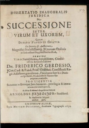 Diss. inaug. iur. de successione inter virum et uxorem