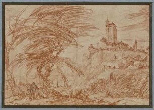 Landschaft, rechts auf einem Hügel ein großer Turm, links eine Baumpartie und einige Figuren