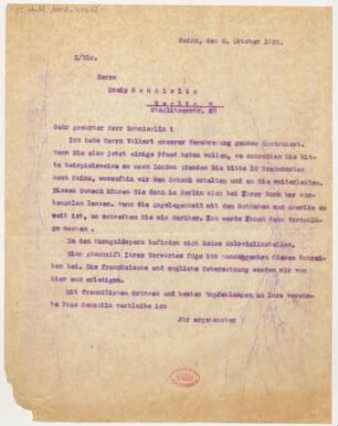 Brief an Ossip Schnirlin : 04.10.1922