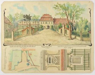 Ansicht, Lageplan und Details der Wirtschaftsgebäude und des Eingangsbereiches im Rittergut Glaubitz östlich von Riesa, Entwurf für den Umbaus 1907-09?