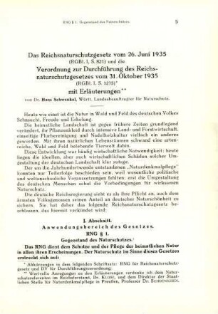 Das Reichsnaturschutzgesetz vom 26. Juni 1935 und die Verordnung zur Durchführung des RNG vom 31. Oktober 1935 mit Erläuterungen