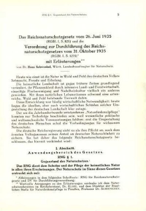 Das Reichsnaturschutzgesetz vom 26. Juni 1935 und die Verordnung zur Durchführung des RNG vom 31. Oktober 1935 mit Erläuterungen