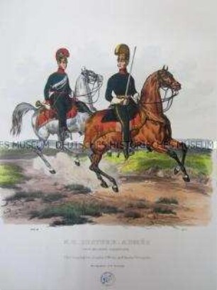 Uniformdarstellung, Stabsoffizier und Stabstrompeter des Chevauleger-Regiments zu Pferd, Österreich, 1840. Tafel aus: Trentsensky: K.K. Oesterreichische Armée nach der neuen Adjustirung.