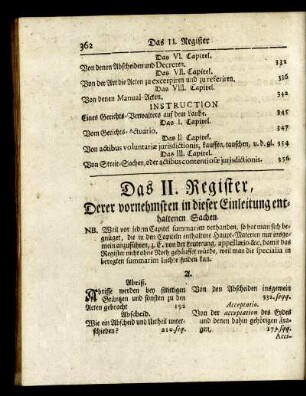 Das II. Register, Derer vornehmsten in dieser Einleitung enthaltenen Sachen.