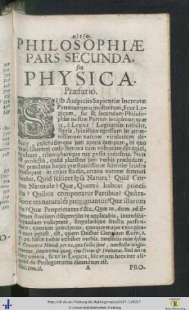 Philosophiae Pars Secunda sive Physica. Praefatio.