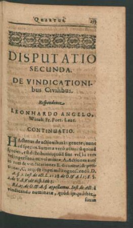 Disputatio Secunda. De Vindicationibus Civilibus. Respondente Leonhardo Angelo