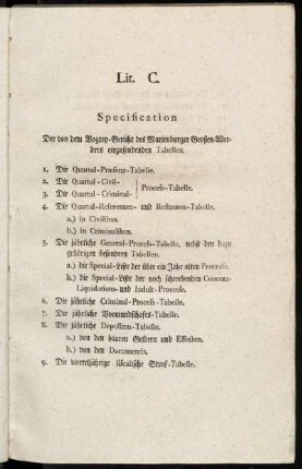 Lit. C. Specification Der von dem Vogtey-Gericht des Marienburger-Großen-Werders einzusendenden Tabellen