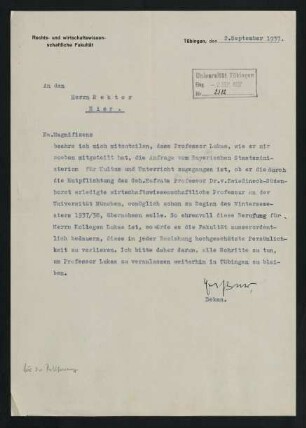 Dekan an Rektor Tübingen. 2.9.1937